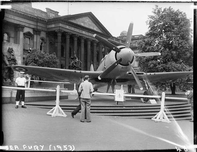 Glass Negative - Sea Fury Military Bomber Aircraft, Jubilee of Flight Exhibition, Museum of Applied Science (Science Museum), Melbourne, 1953
