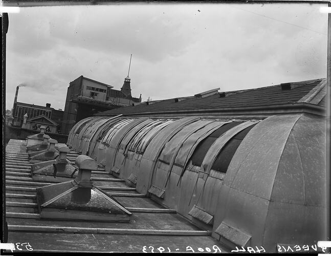 Glass Negative - Repairs on Queen's Hall Roof, Museum of Applied Science of Victoria (Science Museum), Melbourne,1953