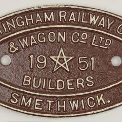 Rollingstock Builders Plate - Birmingham Carriage & Wagon Co., 1951
