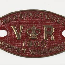 Locomotive Builders Plate - Victorian Railways, Newport, Victoria, 1902