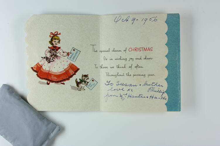 Christmas Card - Girl & Cats, Mr & Mrs Hanton to Susan & Phillip Leech, England, 9 Oct 1956