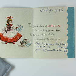 Christmas Card - Girl & Cats, Mr & Mrs Hanton to Susan & Phillip Leech, England, 9 Oct 1956