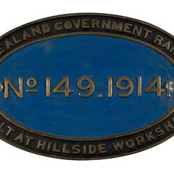Locomotive Builders Plate - New Zealand Government Railways, South Dunedin, New Zealand, 1914