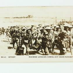 Cigarette Card - 'Machine Gunners Coming Out From Pozieres', Official World War I Photograph, Magpie Cigarettes, circa 1922