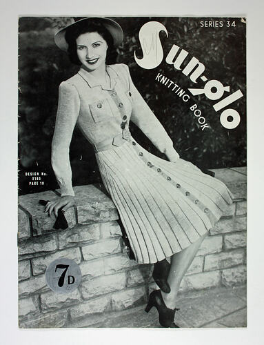 Knitting book cover showing woman wearing knitted dress.