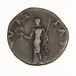 Round coin, aged, figure facing left, right hand holding out a wreath, left hand holding a sceptre.