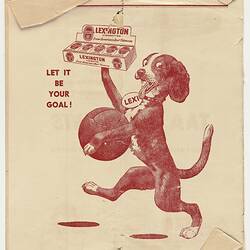 Magazine, back cover, red printed advertisement with cartoon dog carrying soccer ball and cigarettes.
