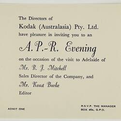 Invitation - Kodak Australasia Pty Ltd, 'A.P.-R Evening', Adelaide, 03 Nov 1947
