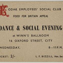 Invitation - Kodak Australasia Pty Ltd, 'Dance & Social Evening', Sydney, circa 1945-1948