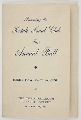 Programme - Kodak Australasia Pty Ltd, 'First Annual Ball', Sydney, 12 Oct 1946, Cover