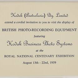 Invitation - Kodak Australasia Pty Ltd, 'British Photo-recording Equipment' Display, 13-22 Aug 1959, Page 2