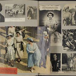 Double page of a scrapbook, black and white images of Queen Elizabeth II as a young woman. One image in colour
