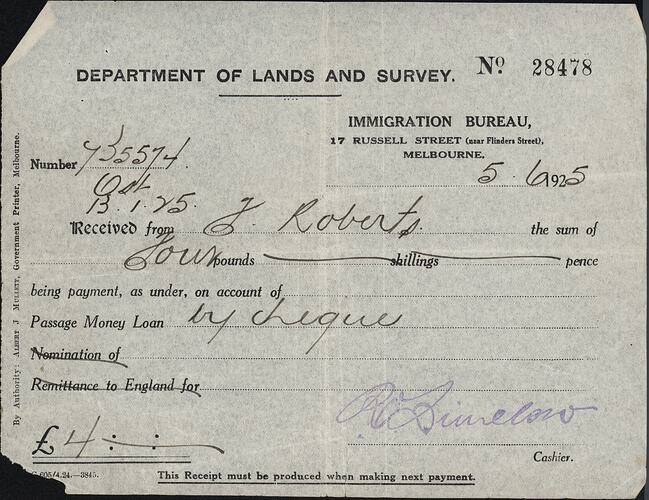 Receipt - Loan Repayment, Department of Lands and Survey, Immigration Bureau, Melbourne 5 Jun 1925