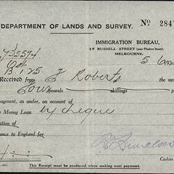 Receipt - Loan Repayment, Frederick Roberts, Department of Lands and Survey, Immigration Bureau, Melbourne 5 Jun 1925