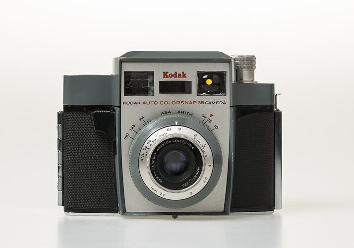 Black, grey and silver, metal and plastic 35mm camera.