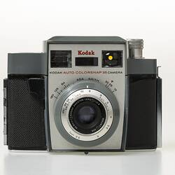 Black, grey and silver, metal and plastic 35mm camera.