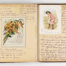 Open scrapbook showing 2 pages of inscriptions and illustrations; portraits and floral motifs.