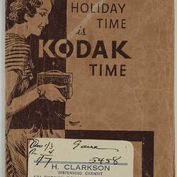 Film Wallet - Kodak Australasia Pty Ltd for H. Clarkson Dispensing Chemist, Brunswick, 'Holiday Time is Kodak Time', circa 1930s