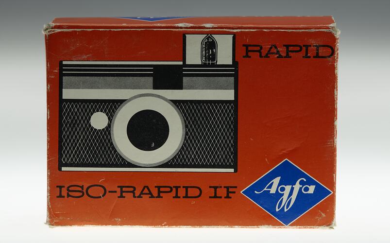 Back of orange cardboard box with image of camera.