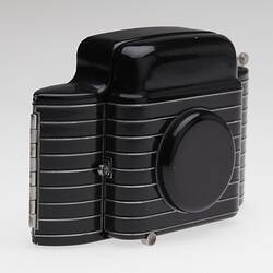 Black and silver art deco style folding camera.