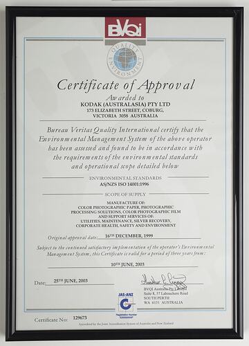 Certificate of approval with company logo at top.