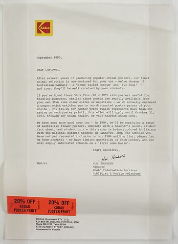 Letter - Kodak Australasia Pty Ltd, 'Capture Your Friends on Kodak Film', Sep 1983