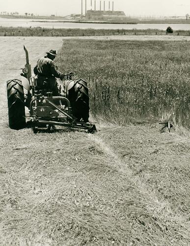 Man driving a tractor coupled to a PTO mower. Hazlewood power station in background.