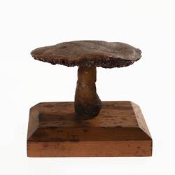 Model of a brown mushroom on a wooden base.
