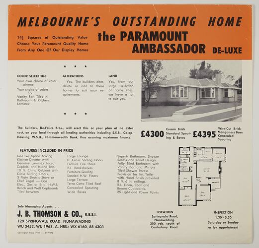 Brochure on white paper with orange and black printed text. Has photograph of brick house and floorplan.