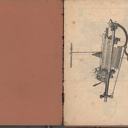 Open booklet with off-white pages and black printed diagram on right.