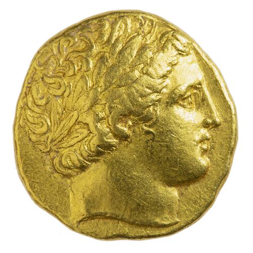 Head of male laureate, Apollo, facing right.