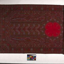 Finely woven red twill tapestry shawl with paisley design in red, orange, black, white and blue.