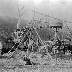 Negative - Group of Miners Beside Horse Whim & Mine Shaft, Glenpatrick, Victoria, circa 1880