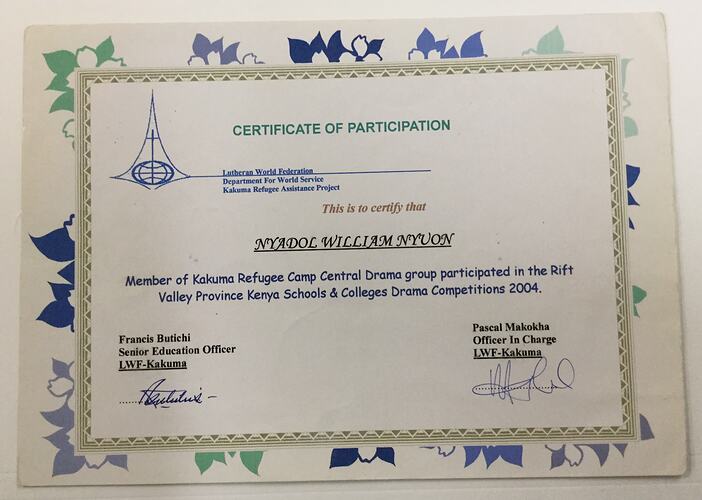 Participation Certificate - Nyadol William Nyuon From Kakuma Refugee ...