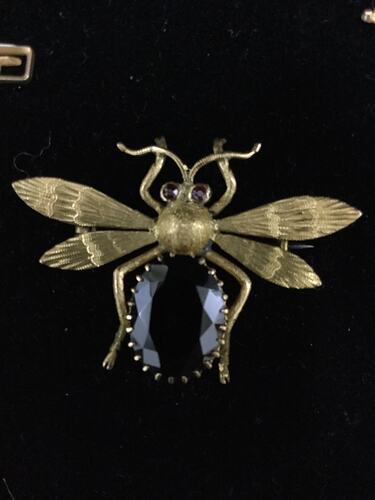Gold insect brooch with cut garnet body and red paste eyes. It has gold antennae, legs and four wings.