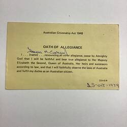 Card - Oath of Allegiance, Teresa Coxhead, Melbourne, 25 Oct 1979