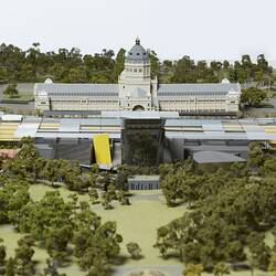 Model of Melbourne Museum, Royal Exhibition Building and Carlton Gardens. View from north.