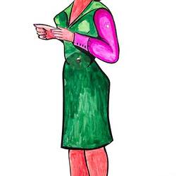 Colourful drawing of a young lady wearing a green dress.