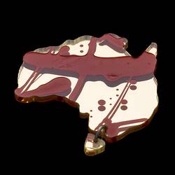 Gold acrylic sheet cut in the shape of Australia, with Tasmania attached via a single link. Splashes of red paint applied over base. Black background.