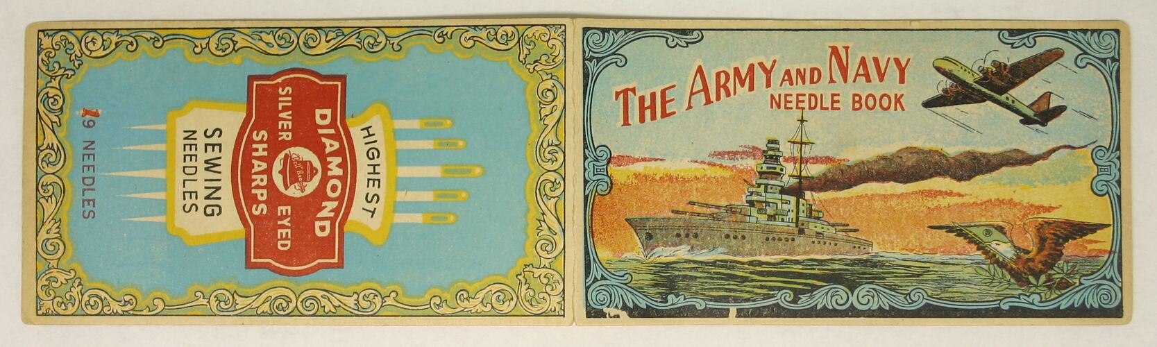 Open needlebook showing illustrated front and back covers.