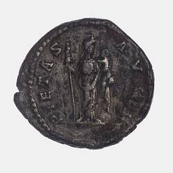 Roughly round silver coin. Woman standing facing right holding a child in her left arm and sceptre in her right. Text around.