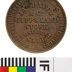 Token - 1 Penny, Jas Davey & Co, Drapers, Grocers & Importers, Gippsland Store, Sale, Victoria, Australia, 1862