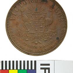 Token - 1 Penny, Murray & Christie, Grocers, Ironmongers & Produce Merchants, Castlemaine, Victoria, Australia, 1862