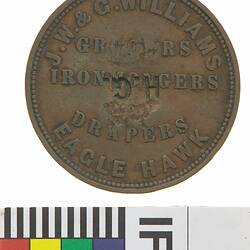 Surcharged Token - 'H.G.' on 1 Penny, J.W.& G. Williams, Ironmongers & Drapers, Eaglehawk, Victoria, Australia, circa 1858