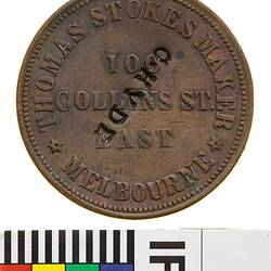 Surcharged Token - 1 Penny, Thomas Stokes, Diesinker, Token Maker & Medallist, Melbourne, Victoria, Australia, 1862, 'G.Hyde'