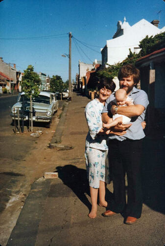 Digital Photograph - Parents with First Baby outside House, Fitzroy, 1977