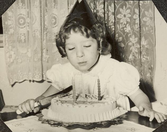 Digital Photograph - Girl in Party Hat, Blowing out Candles at 3rd Birthday, Carlton, 1963