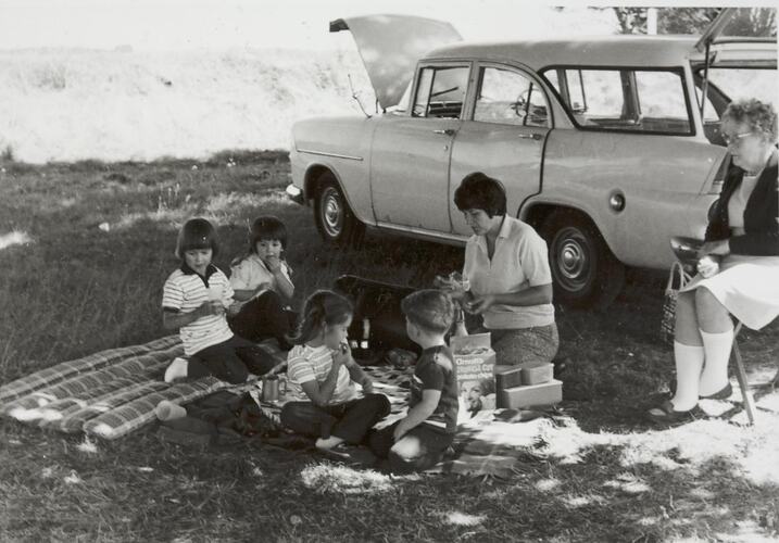 Digital Photograph - Family Picnic next to Car, circa 1969