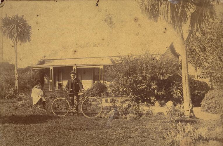 Digital Photograph - Girl with Tricycle & Boy with Bicycle, Front garden of Weatherboard House, 'Reno', Kew, circa 1900