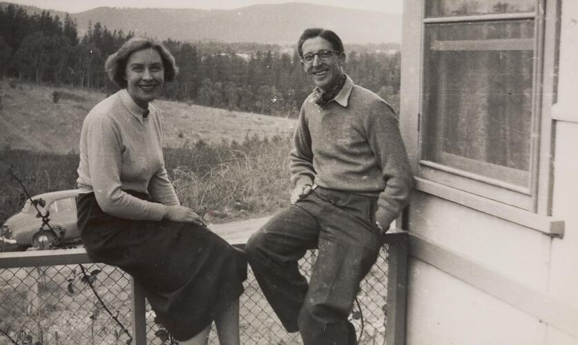 Digital Photograph - Man & Woman Sitting on Balcony of Friend's House,  Heathmont, early 1950s